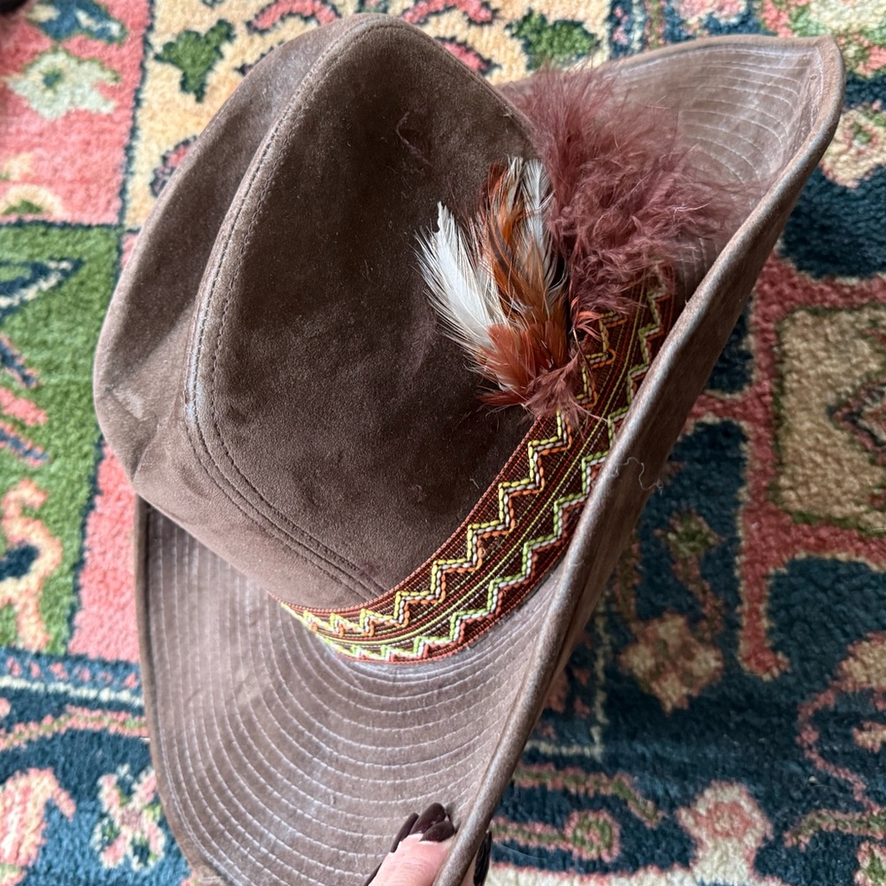 Vintage 1970s Brown Western cowboy Hat corduroy, velvet Feather Accent Sz L